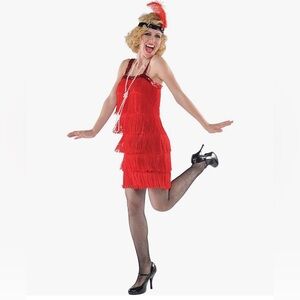 Women’s 1920s Red Flapper Dress Costume (headband + necklace included)